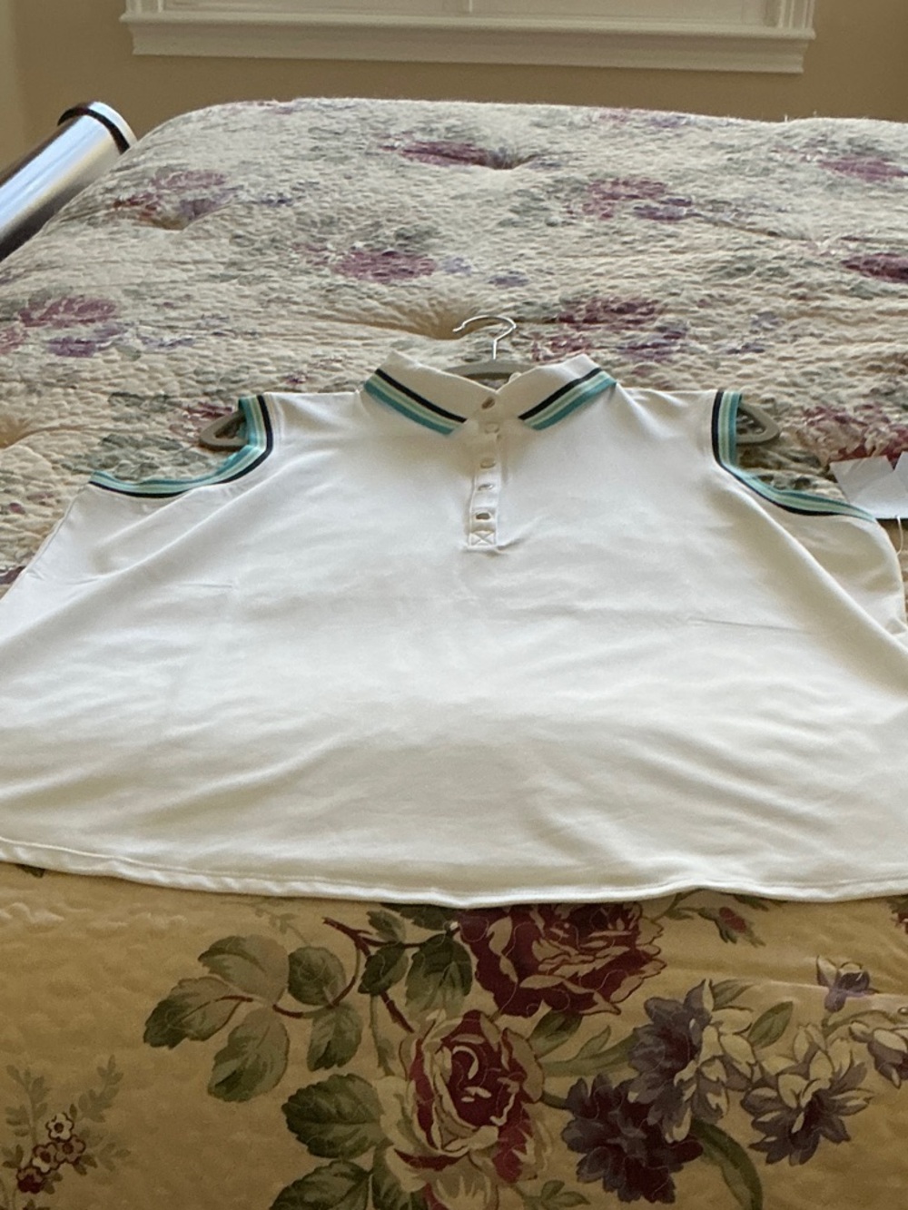 Women's White Cold-Shoulder Polo Tank with Green Stripe Trim